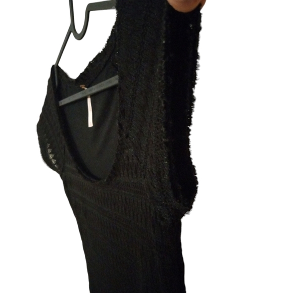 Free People Cozy Day Knit Black Flounce Cap Slve. Ruffle Hem BoHo Mini Dress  S - Picture 2 of 13